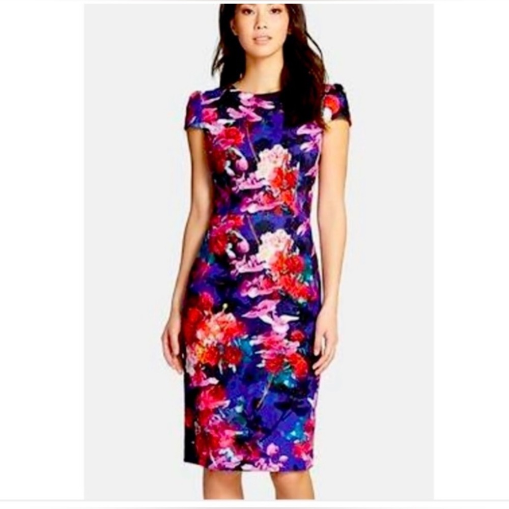 Betsey Johnson | Scuba floral sheath dress with cap sleeves | Size 14